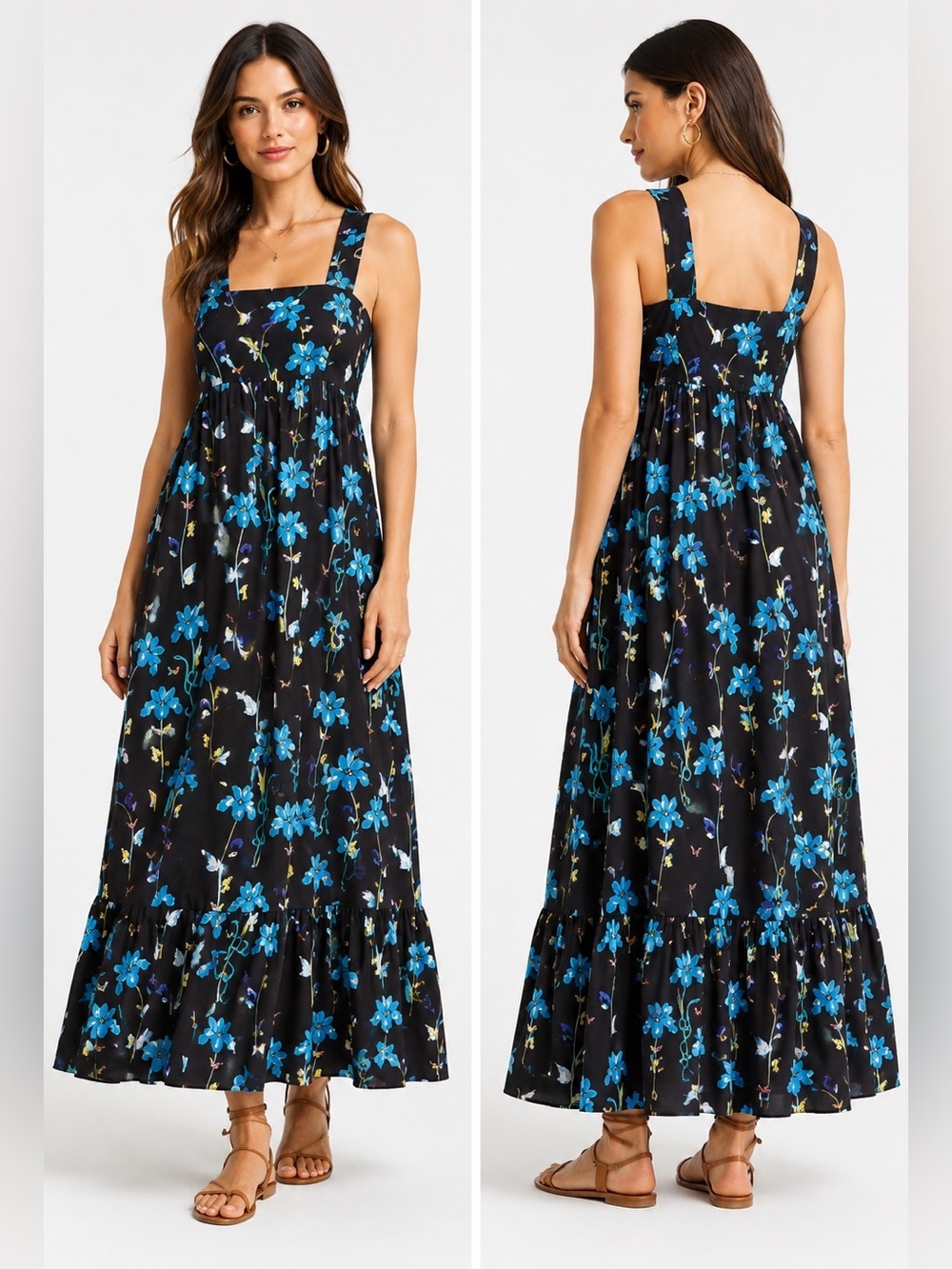Borgo de Nor Mila Floral Iris Black Maxi Dress Made in Italy Cotton | Size 6